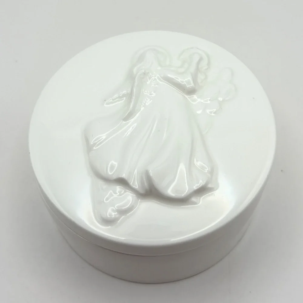 White Porcelain Angel Playing Harp Trinket Box Embossed Jewelry Box Vanity Decor